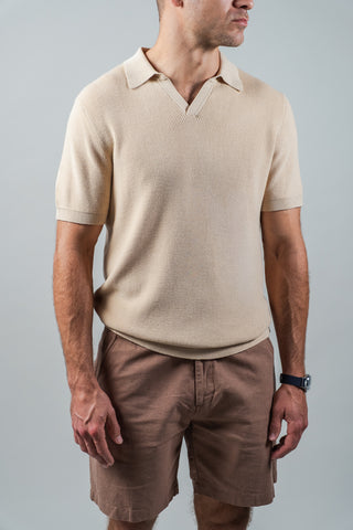 Beige Johnny Collar Rib Knit Polo