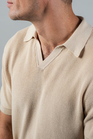 Beige Johnny Collar Rib Knit Polo