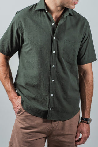 Green Seersucker Camp Collar