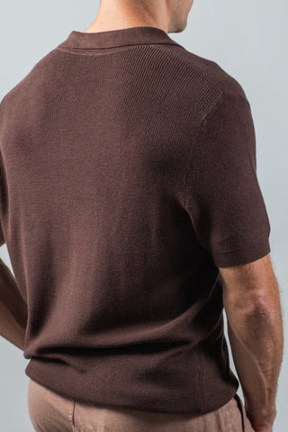 Brown Johnny Collar Rib Knit Polo
