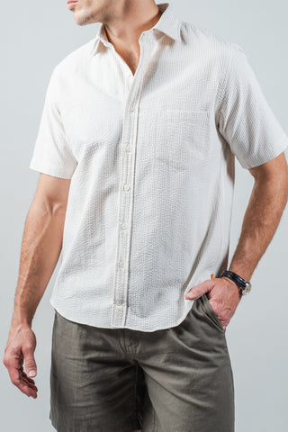 White & Tan Organic Cotton Seersucker Sport Shirt