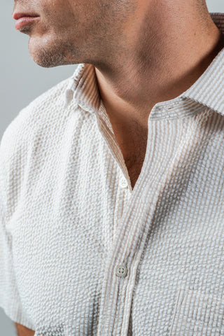 White & Tan Organic Cotton Seersucker Sport Shirt