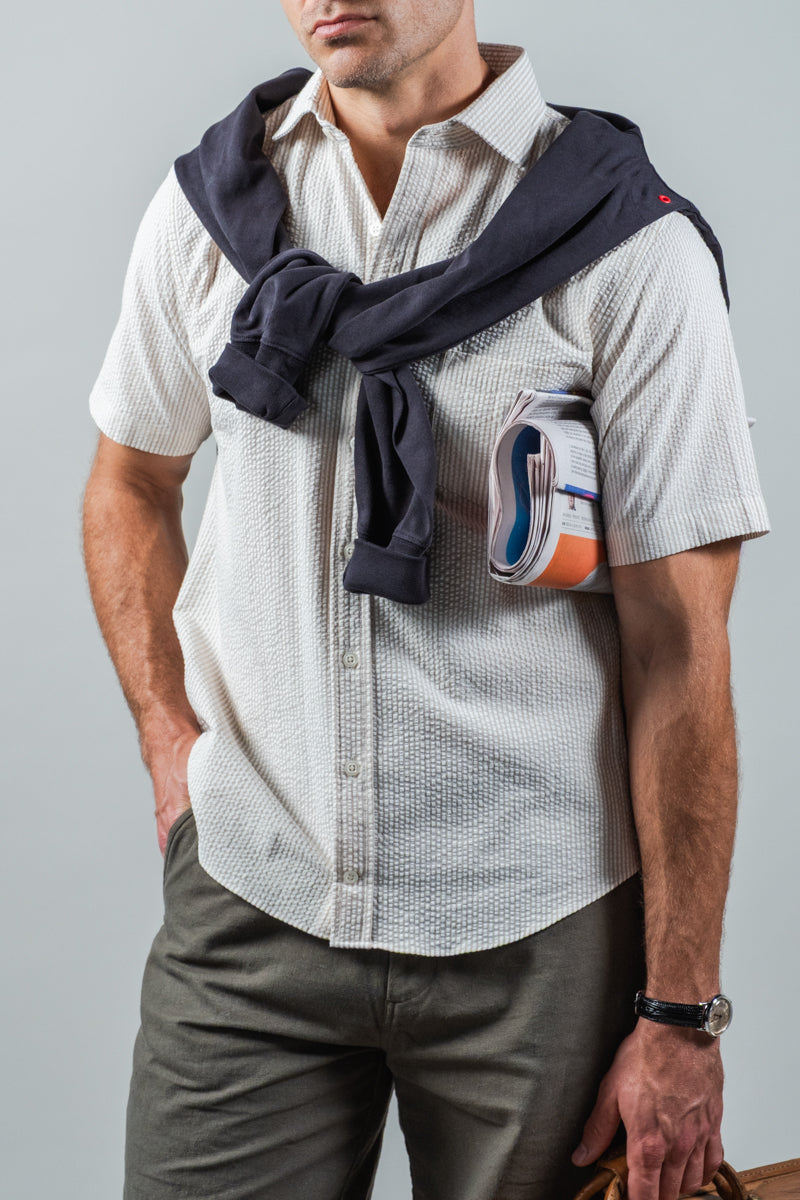 White & Tan Organic Cotton Seersucker Sport Shirt
