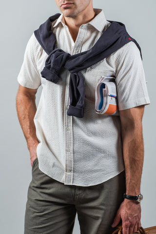 White & Tan Organic Cotton Seersucker Sport Shirt