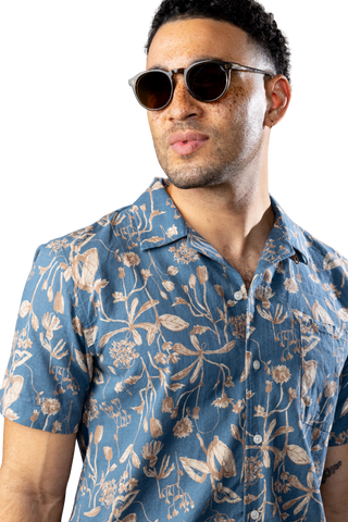 Japanese Linen  Blue and Tan Flora Short sleeve Sport Shirt
