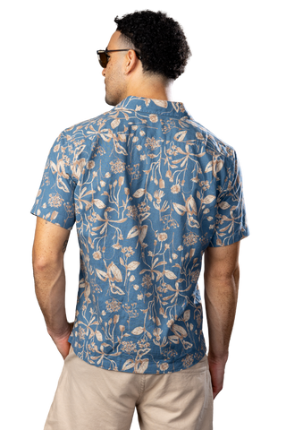 Japanese Linen  Blue and Tan Flora Short sleeve Sport Shirt