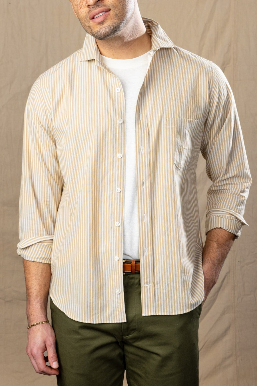 Tan and Ivory Stripe Spread Collar Shirt