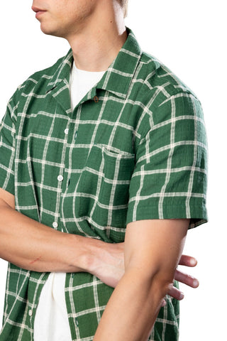 Green And Ivory Plaid Camp Collar short sleeve