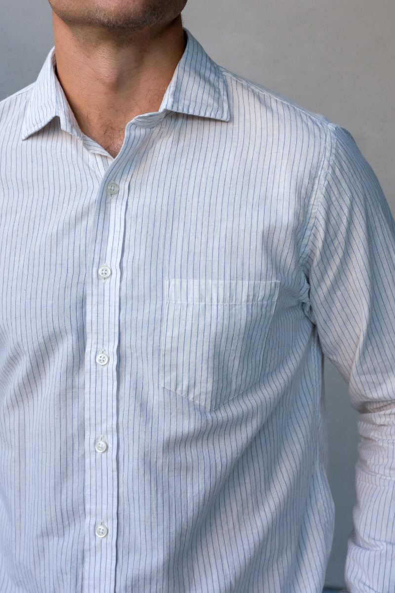 Ivory And Blue Cotton Linen Sport shirt