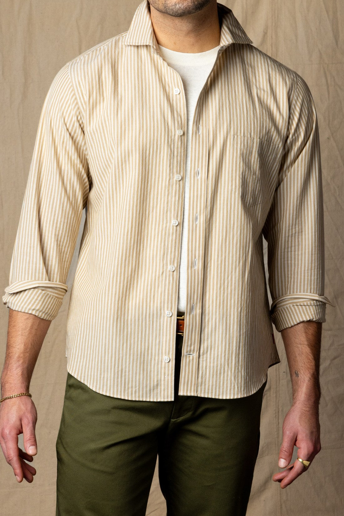 Tan and Ivory Stripe Spread Collar Shirt