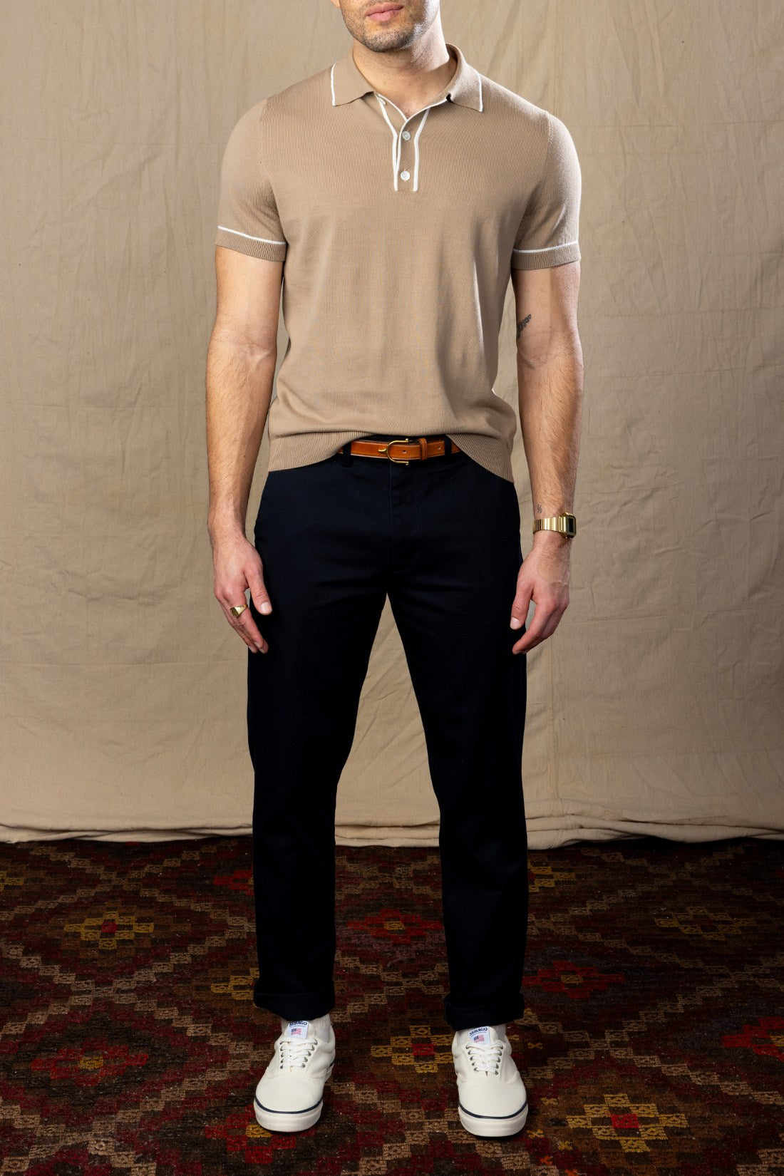 Tan and White Tipped Cotton Polo