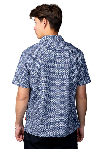 Navy and White Jacquard Camp Collar Short Sleeve Shirt