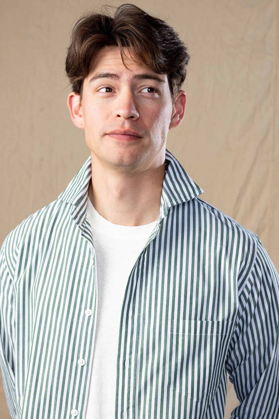 Green and White Stripe Spread Collar Shirt
