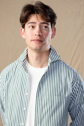 Green and White Stripe Spread Collar Shirt