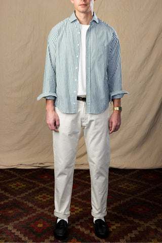 Green and White Stripe Spread Collar Shirt