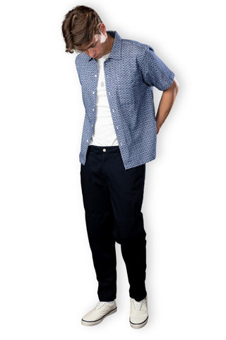 Navy and White Jacquard Camp Collar Short Sleeve Shirt