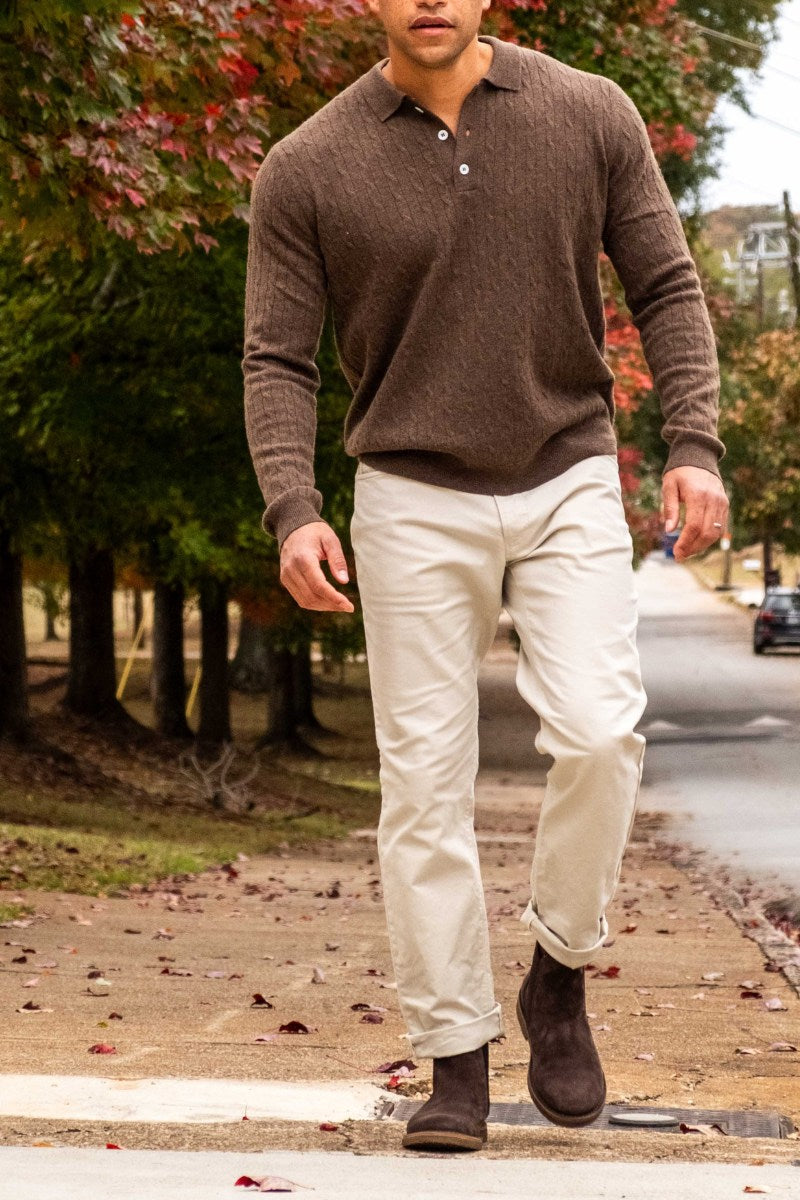 Cashmere Long Sleeve Coffee Polo Cable Knit
