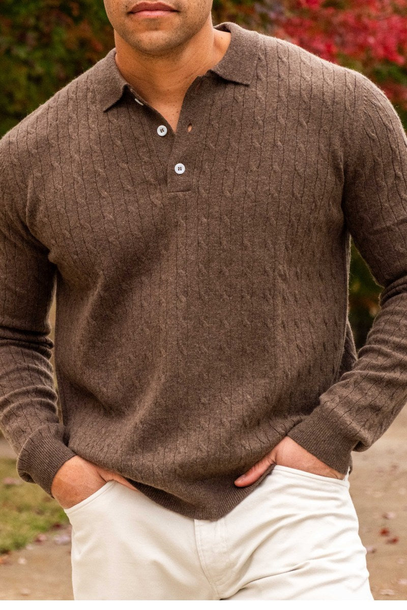 Cashmere Long Sleeve Coffee Polo Cable Knit