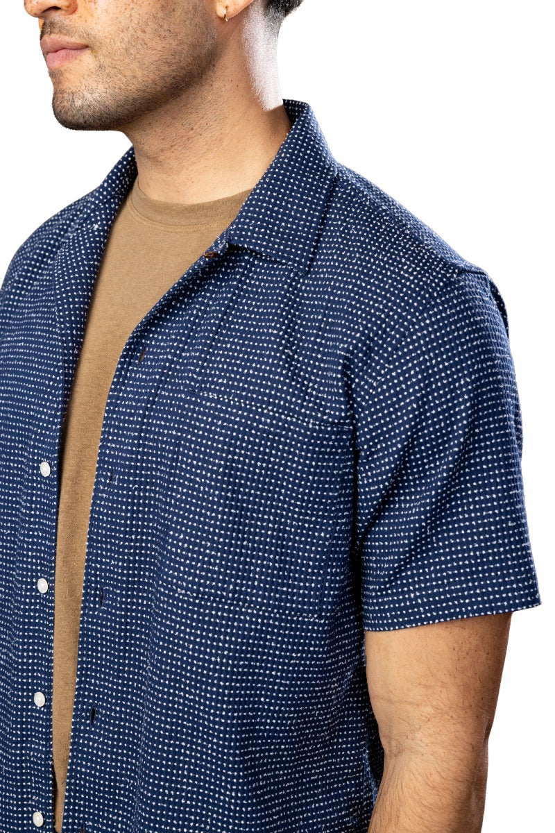 Cotton Navy White Polka camp collar