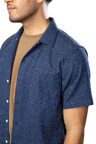 Cotton Navy White Polka camp collar