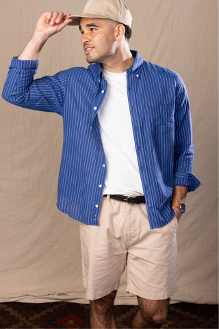 Indigo and White vertical Stripe Button Collar