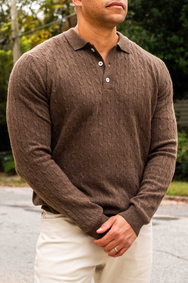 Cashmere Long Sleeve Coffee Polo Cable Knit