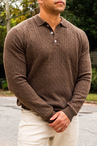 Cashmere Long Sleeve Coffee Polo Cable Knit