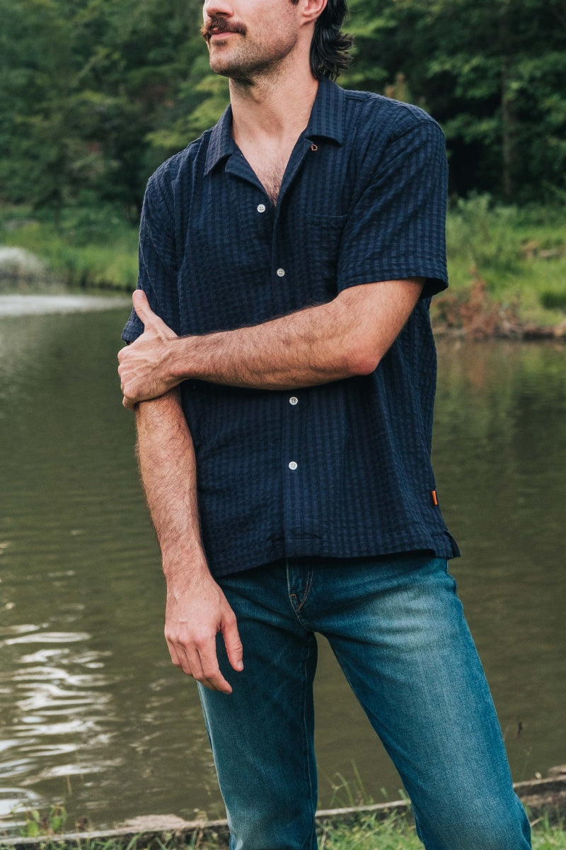 Navy Jacquard Short Sleeve Camp Collar
