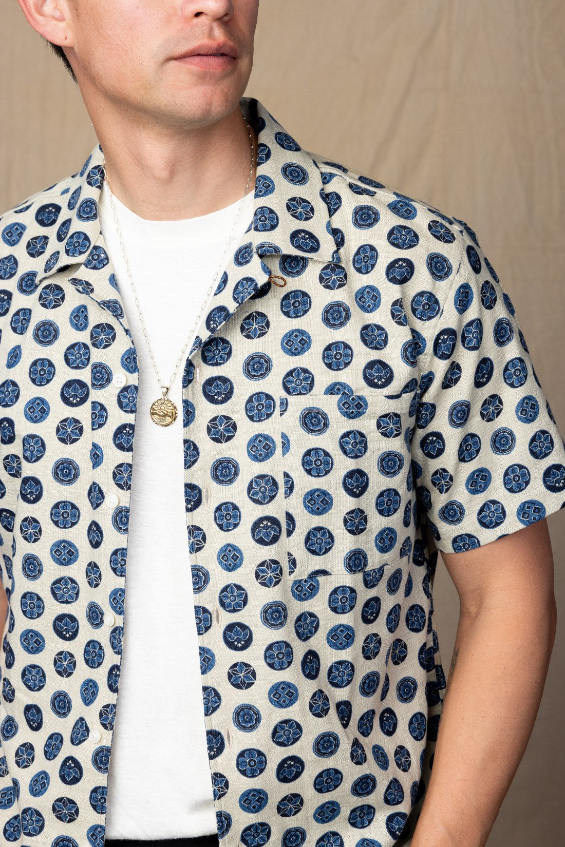 Tan and Blue Floral Camp Collar