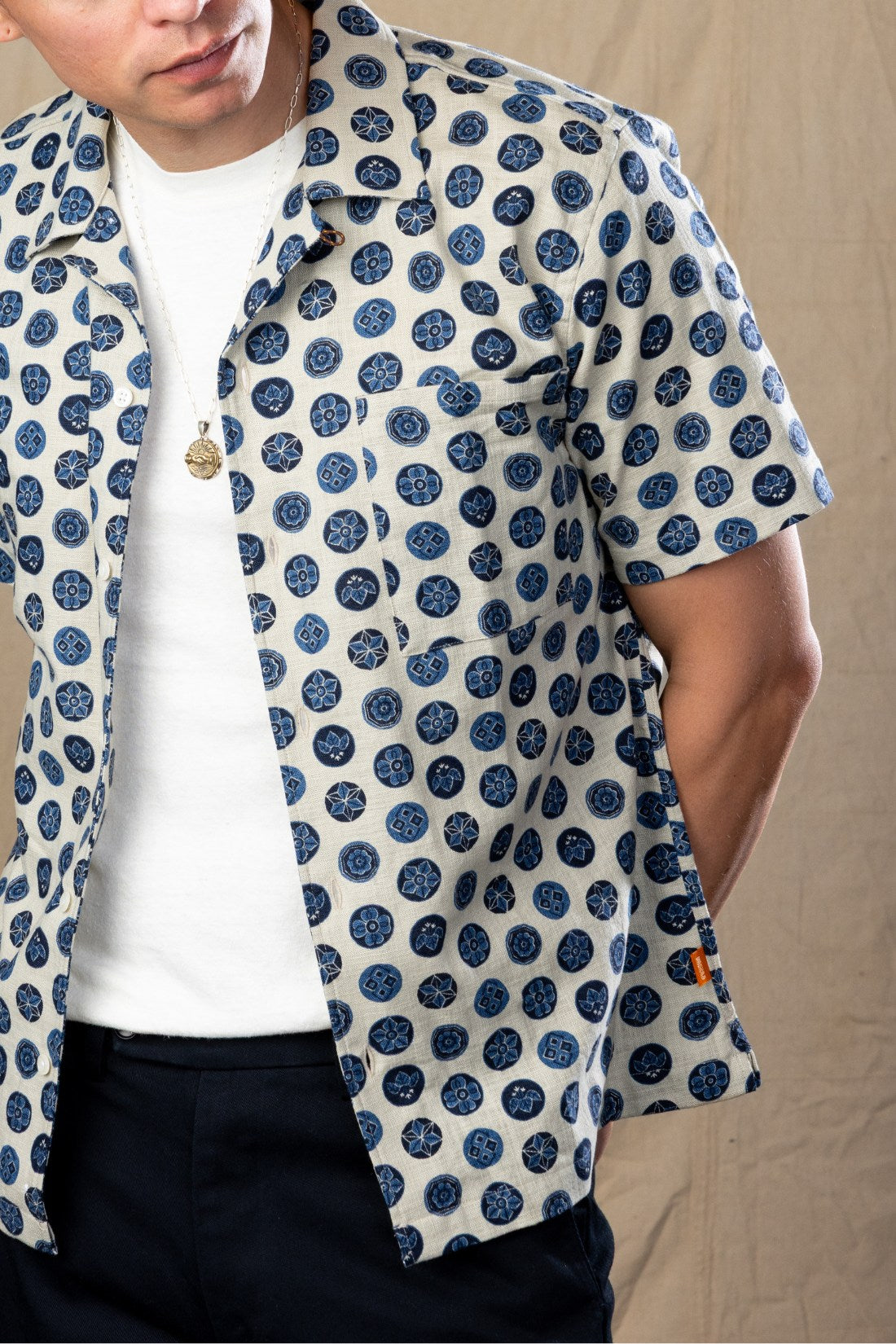 Tan and Blue Floral Camp Collar