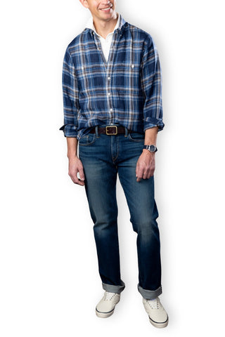 Navy & Ivory Plaid Linen Double Chest Sport Shirt