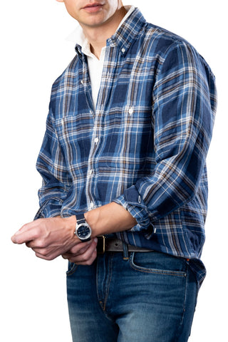 Navy & Ivory Plaid Linen Double Chest Sport Shirt