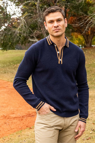 Navy Cashmere Milano Stitch Long Sleeve Polo