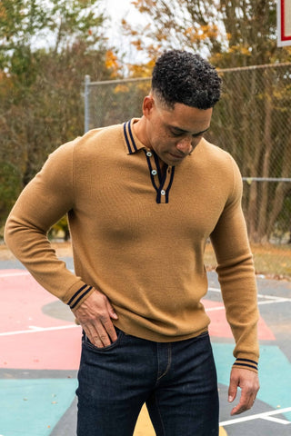 Camel Cashmere Milano Stitch Long Sleeve Polo