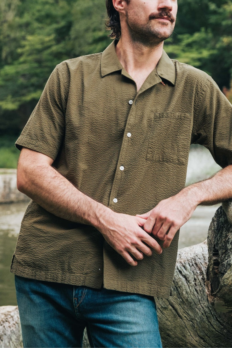 Olive Seersucker Camp Collar