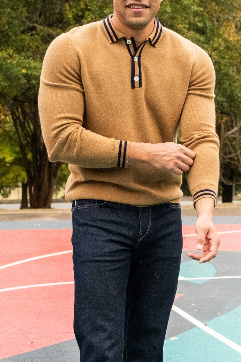 Camel Cashmere Milano Stitch Long Sleeve Polo