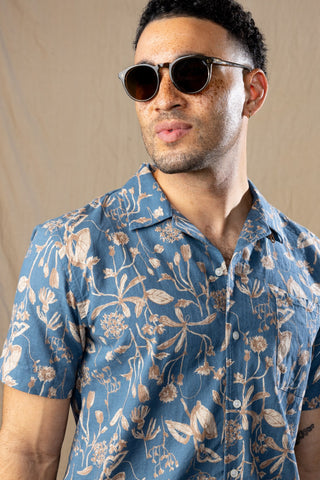 Japanese Linen  Blue and Tan Flora Short sleeve Sport Shirt