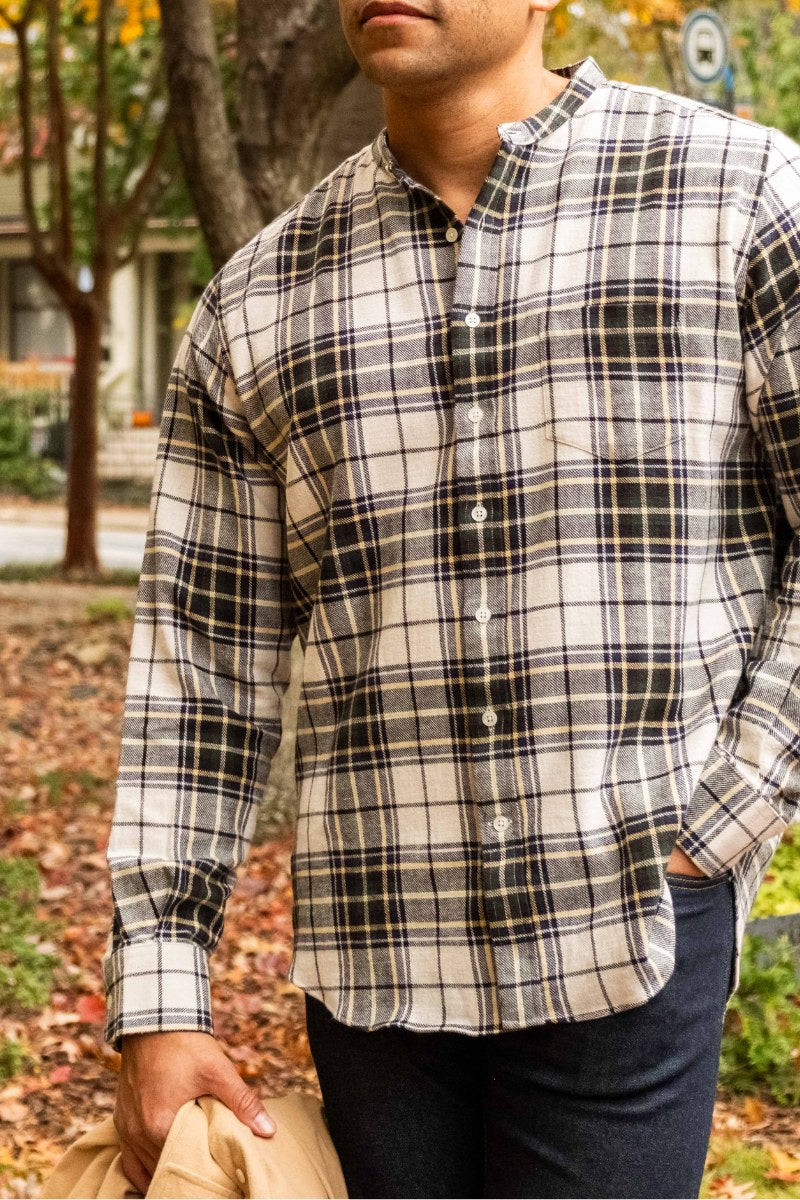 Ivory, Green and Blue Plaid Band Collar