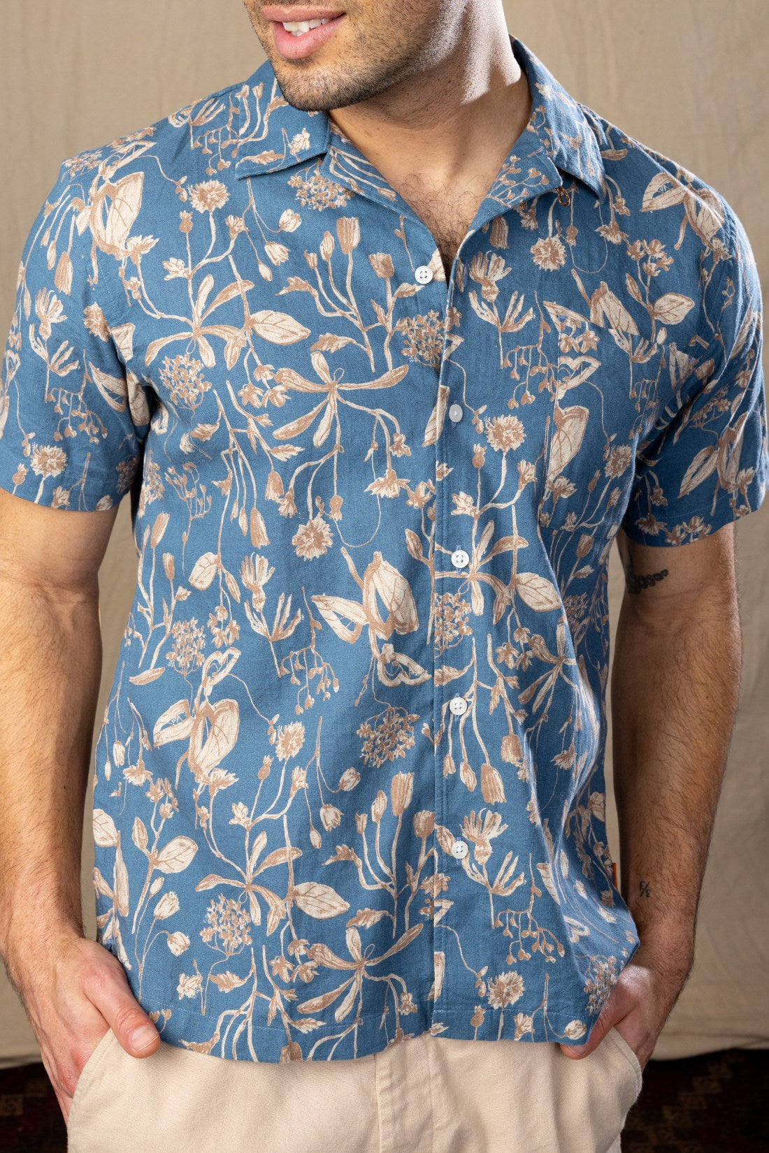 Japanese Linen  Blue and Tan Flora Short sleeve Sport Shirt