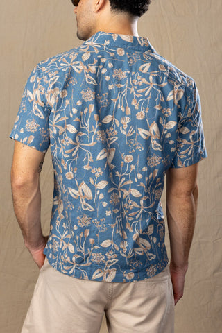 Japanese Linen  Blue and Tan Flora Short sleeve Sport Shirt