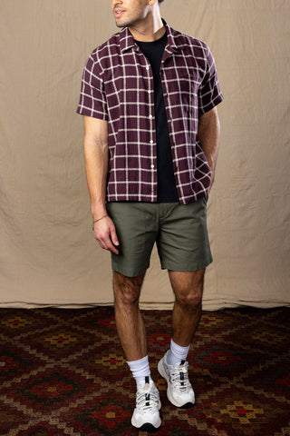 Maroon And Ivory Plaid Camp Collar short sleeve