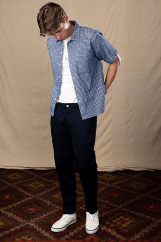 Navy and White Jacquard Camp Collar Short Sleeve Shirt