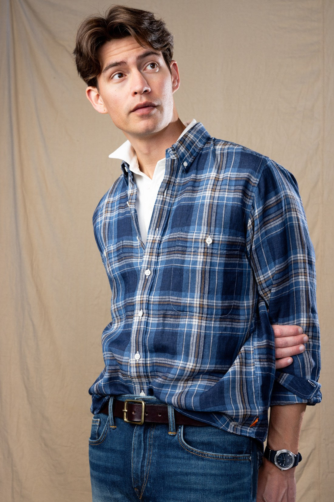 Navy & Ivory Plaid Linen Double Chest Sport Shirt