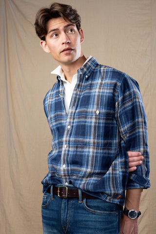 Navy & Ivory Plaid Linen Double Chest Sport Shirt