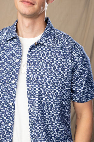 Navy and White Jacquard Camp Collar Short Sleeve Shirt