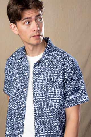 Navy and White Jacquard Camp Collar Short Sleeve Shirt