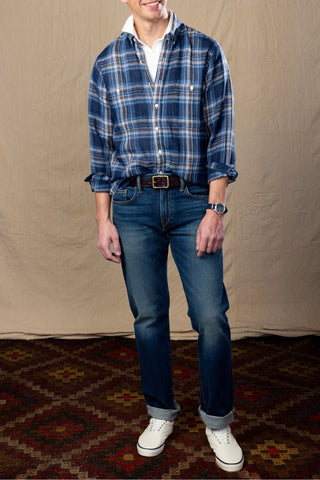 Navy & Ivory Plaid Linen Double Chest Sport Shirt