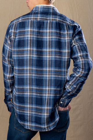 Navy & Ivory Plaid Linen Double Chest Sport Shirt