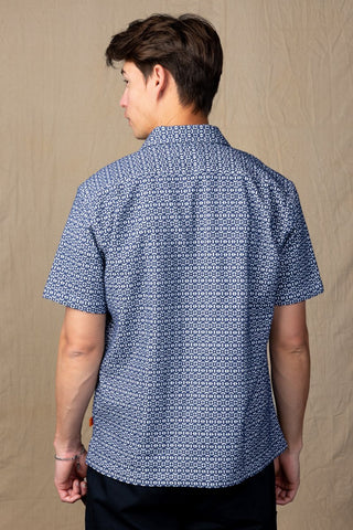 Navy and White Jacquard Camp Collar Short Sleeve Shirt