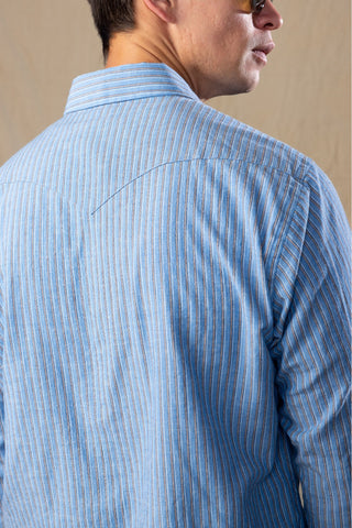 Cotton Linen Ivory Stripe Pearl Snap Western